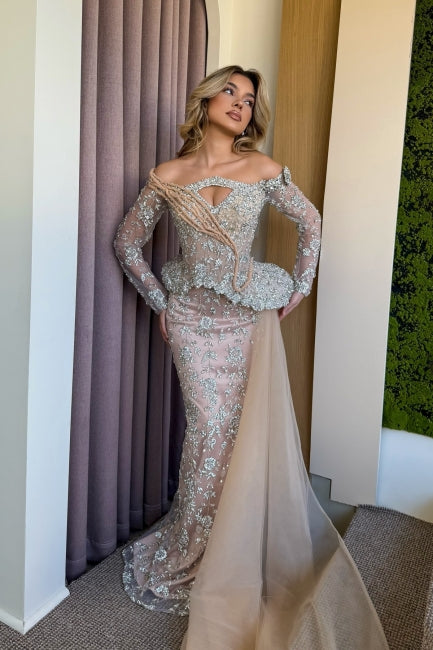 Fashionable Pink Mermaid Strapless Off-The-Shoulder Beaded Long Sleeves Panel Train Satin Tulle Evening Dresses