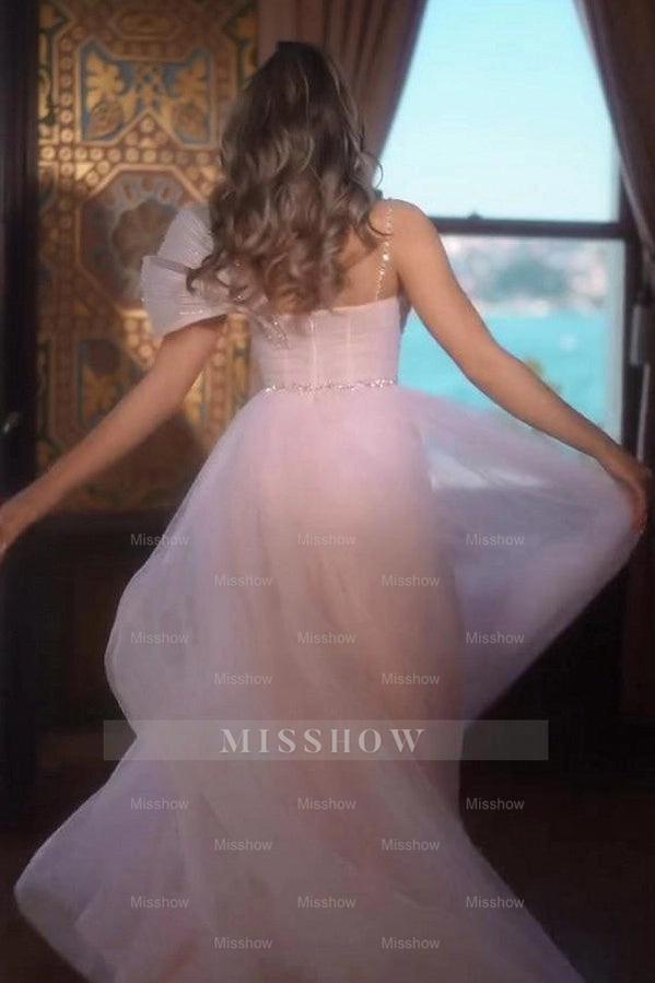 Fashionable Pink One Shoulder Sleeveless A-Line Prom Dress with Sequins and Slit