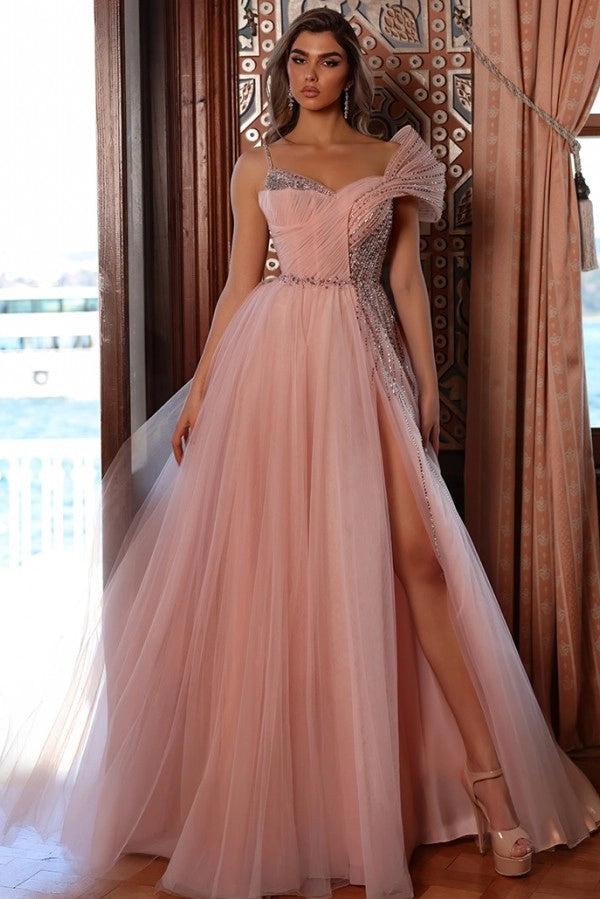 Fashionable Pink One Shoulder Sleeveless A-Line Prom Dress with Sequins and Slit