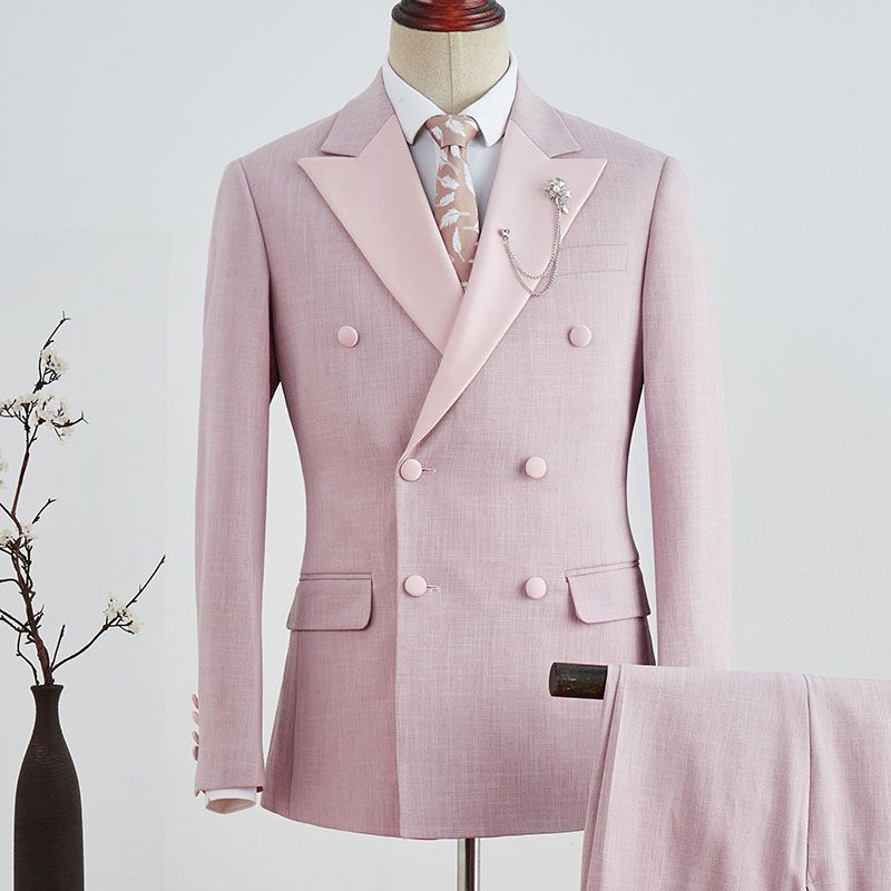 Fashionable Pink Plaid Peak Lapel Double Breasted Men’s Prom Suit
