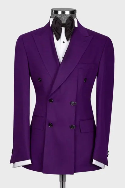 Fashionable Plum Peaked Lapel Double Breasted Prom Attire