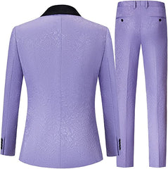 Fashionable Purple Double Breasted Jacquard Groom's Suit With Black Velvet Collar