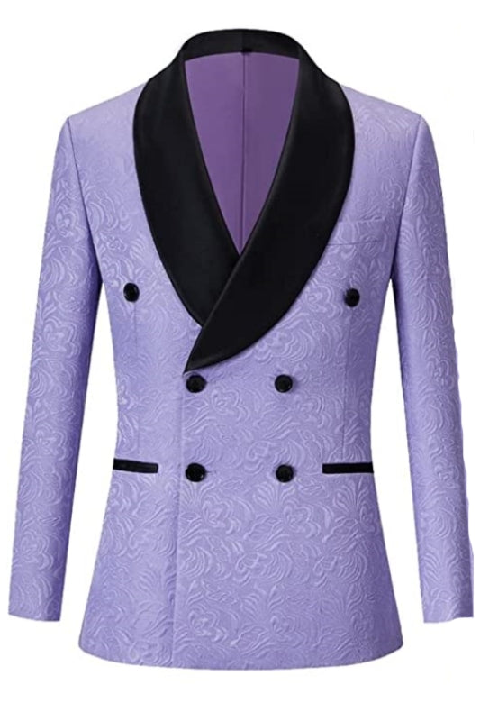Fashionable Purple Double Breasted Jacquard Groom's Suit With Black Velvet Collar