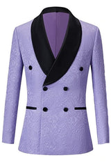Fashionable Purple Double Breasted Jacquard Groom's Suit With Black Velvet Collar