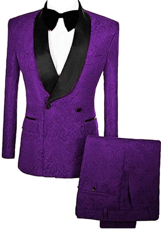 Fashionable Purple Double Breasted Jacquard Groom's Suit with Velvet Lapel