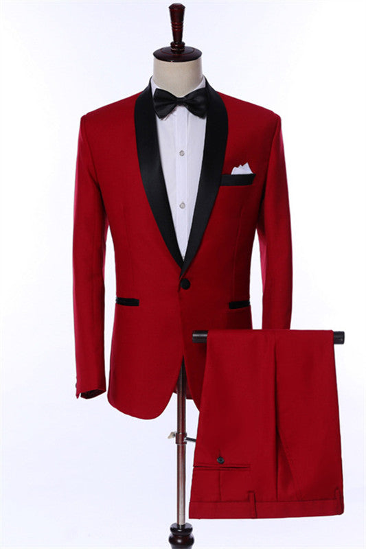 Fashionable Red Shawl Collar Two-Piece Groom's Wedding Ensemble