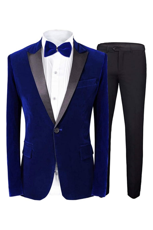 Fashionable Royal Blue Peaked Lapel Two Piece Velvet Prom Attire For Men