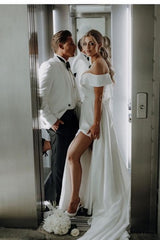 Fashionable White A-Line Off-the-shoulder Split Front Lace-up Long Wedding Dress Panel Train