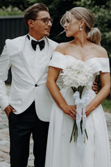 Fashionable White A-Line Off-the-shoulder Split Front Lace-up Long Wedding Dress Panel Train