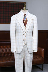Fashionable White Plaid Three Pieces Notched Lapel Slim Fit Suit