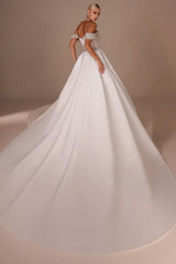 Fashionable White Strapless Beaded Off-The-Shoulder Long Panel Train Satin Wedding Dress with Rhinestones