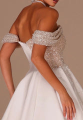 Fashionable White Strapless Beaded Off-The-Shoulder Long Panel Train Satin Wedding Dress with Rhinestones