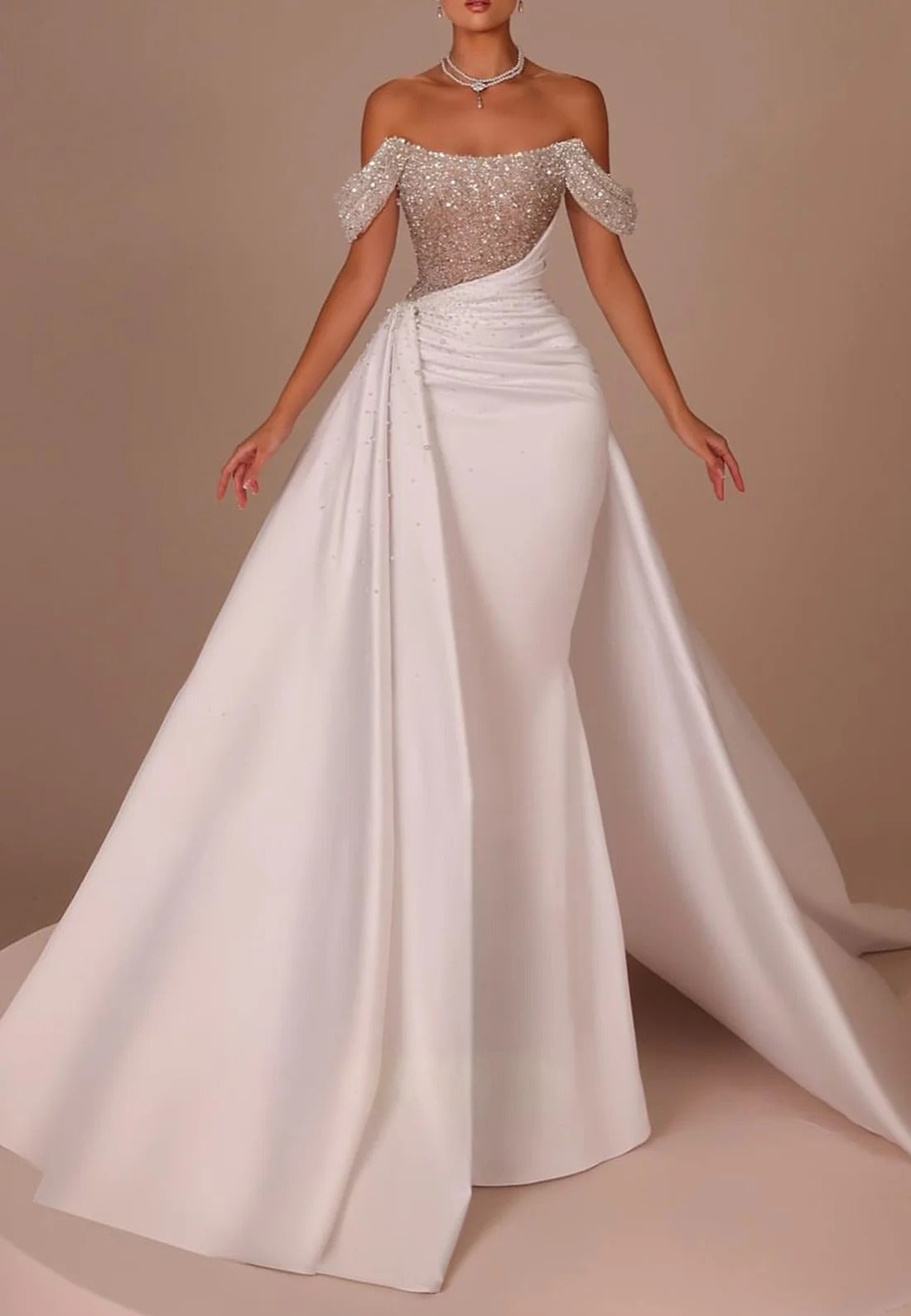 Fashionable White Strapless Beaded Off-The-Shoulder Long Panel Train Satin Wedding Dress with Rhinestones