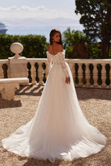 Fashionable White Sweetheart A-Line Off-The-Shoulder Long Sleeve Split Front Tulle Wedding Dresses With Appliques And Handmake Flowers
