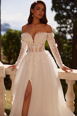 Fashionable White Sweetheart A-Line Off-The-Shoulder Long Sleeve Split Front Tulle Wedding Dresses With Appliques And Handmake Flowers