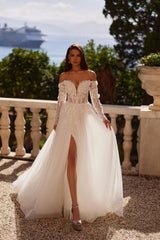 Fashionable White Sweetheart A-Line Off-The-Shoulder Long Sleeve Split Front Tulle Wedding Dresses With Appliques And Handmake Flowers