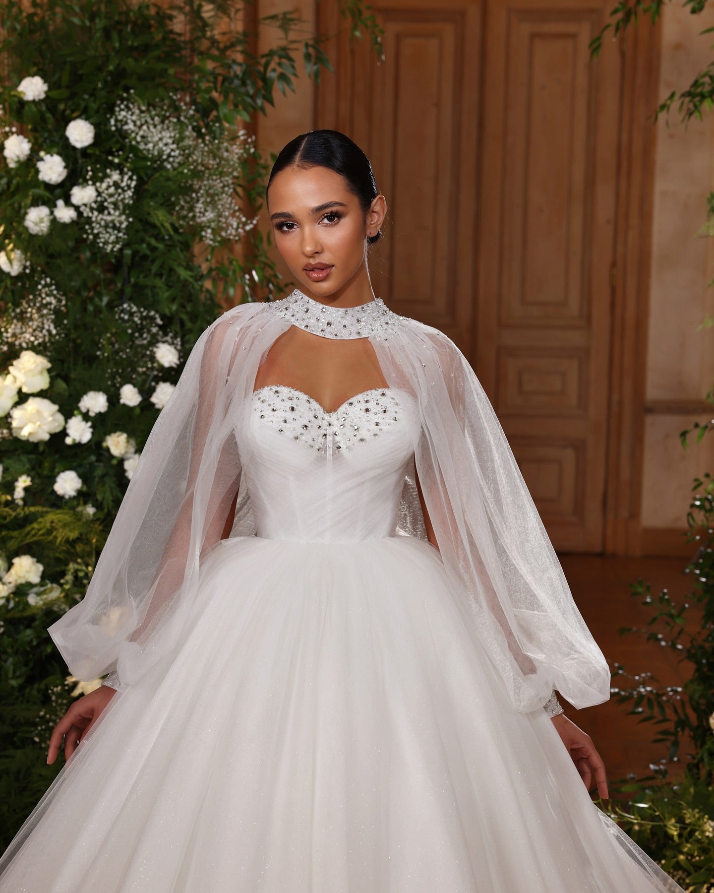 Fashionable White Sweetheart Ball Gown Illusion Long Sleeves Sweep Train Tulle Wedding Dresses With Rhinestones