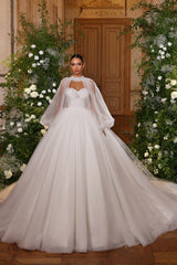 Fashionable White Sweetheart Ball Gown Illusion Long Sleeves Sweep Train Tulle Wedding Dresses With Rhinestones