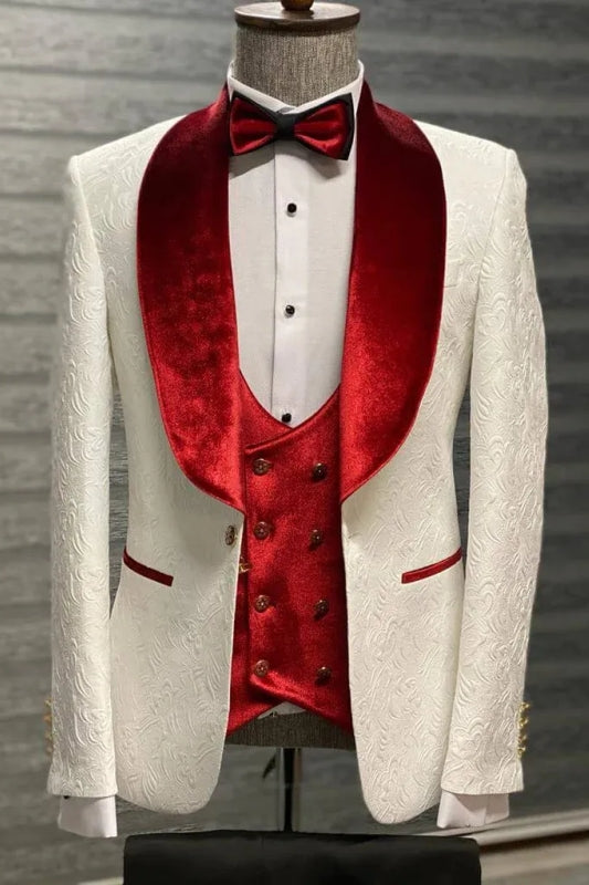 Fashionable White Velvet Shawl Collar Three-Piece Jacquard Wedding Suit