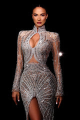 Fashionable Mermaid High-Neck Beaded Sequined Long Sleeve Split Front Evening Dress With Rhinestones