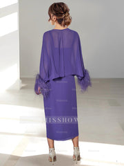 Feathered Jacket Tea-Length Mother of the Bride A-Line/Princess Dresses