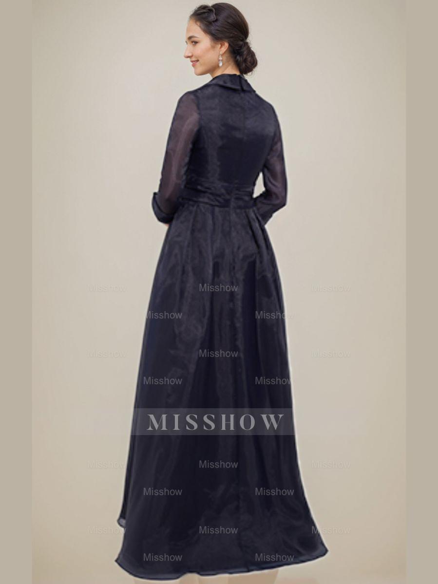 Floor-Length A-Line Mother Of The Bride Dress with V-Neck 3/4 Sleeves Appliques & Side Slit