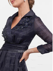 Floor-Length A-Line Mother Of The Bride Dress with V-Neck 3/4 Sleeves Appliques & Side Slit