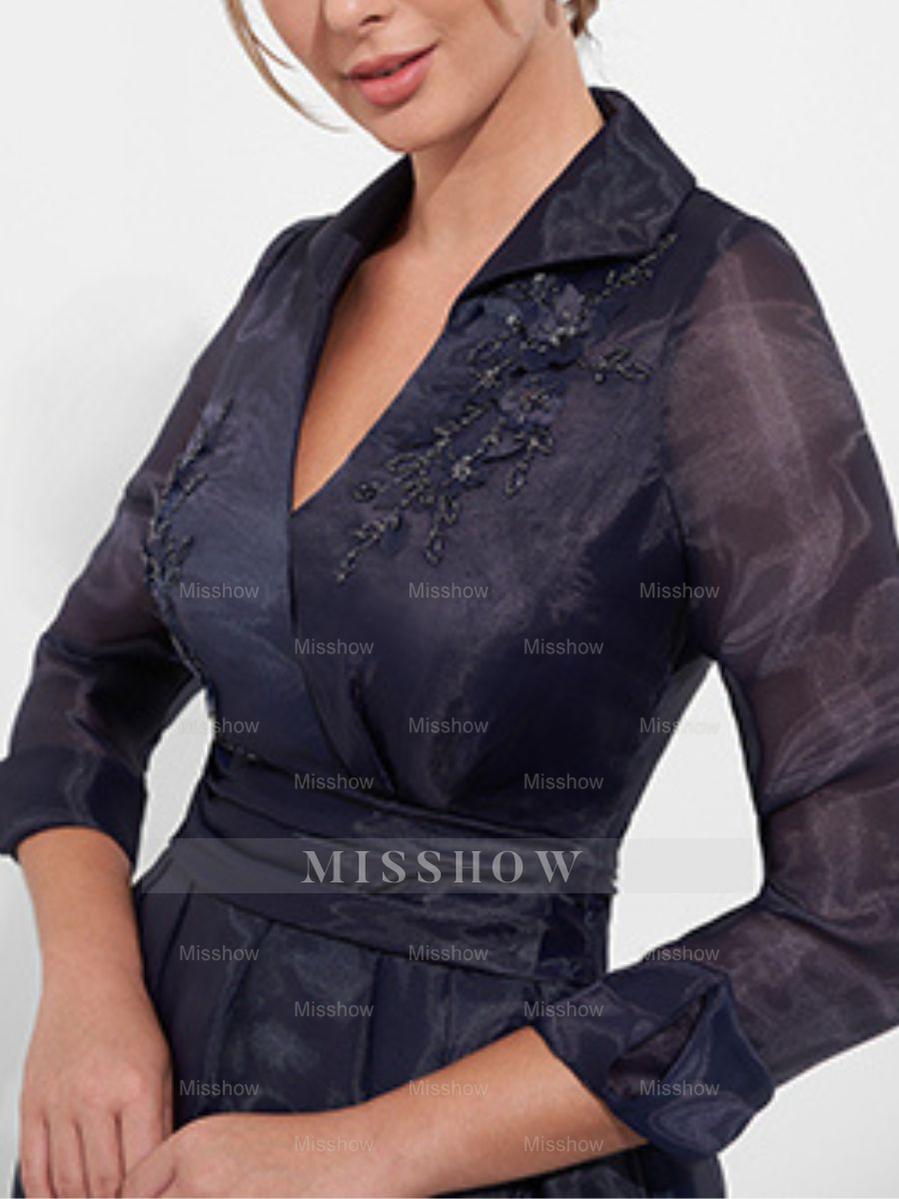 Floor-Length A-Line Mother Of The Bride Dress with V-Neck 3/4 Sleeves Appliques & Side Slit