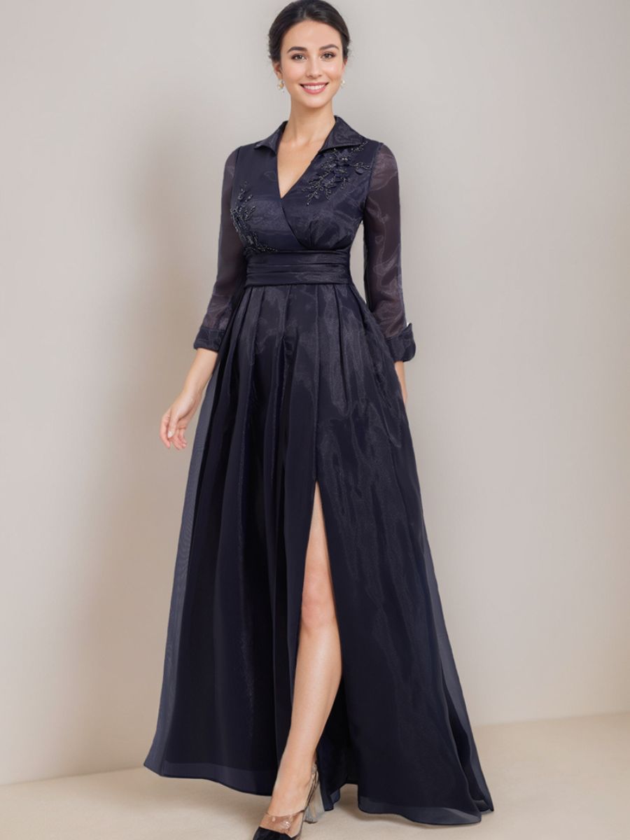 Floor-Length A-Line Mother Of The Bride Dress with V-Neck 3/4 Sleeves Appliques & Side Slit