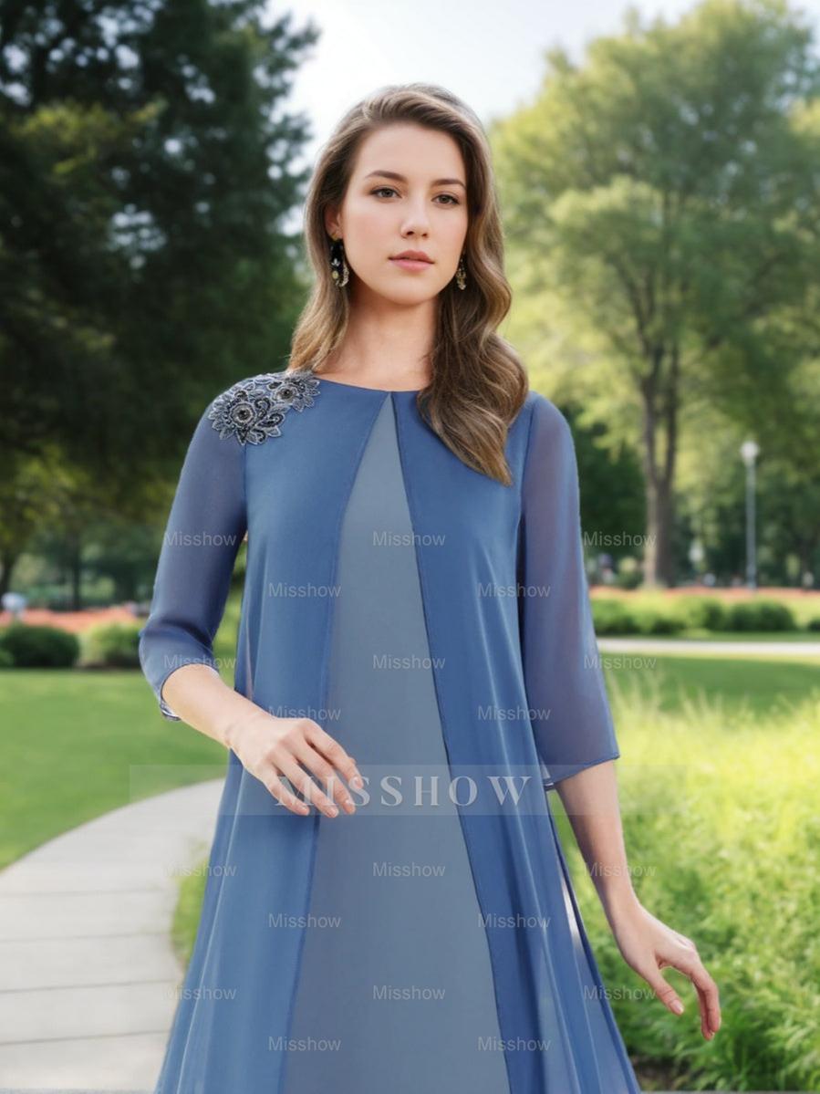 Floor-Length A-Line Mother of the Bride Dress with Jewel Neckline 3/4 Sleeves and Chiffon Cape