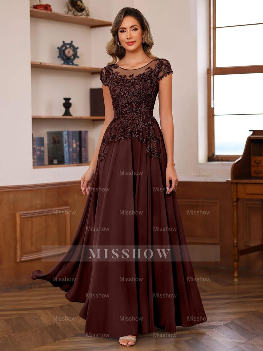 Floor-Length A-Line Mother of the Bride Dress with Scoop Neck and Short Sleeves Featuring Appliques