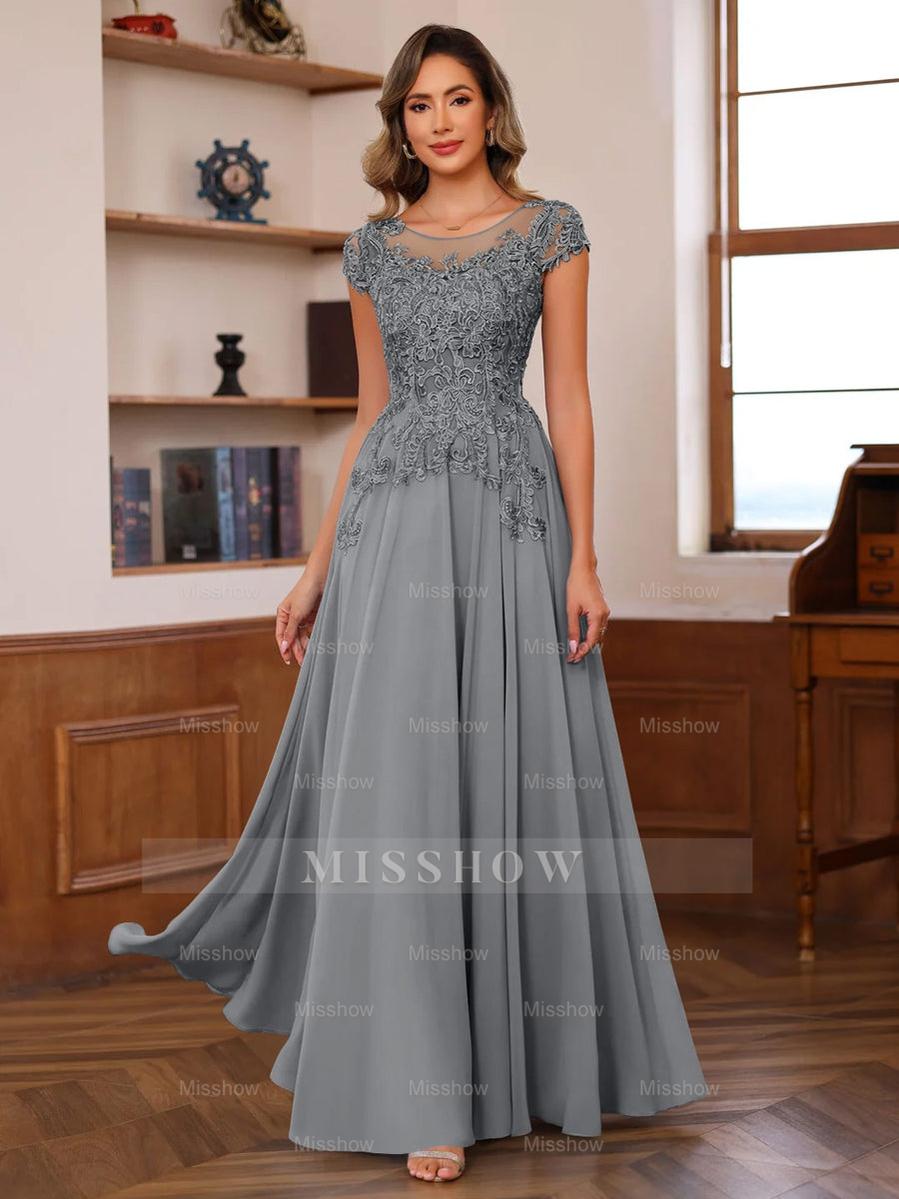 Floor-Length A-Line Mother of the Bride Dress with Scoop Neck and Short Sleeves Featuring Appliques