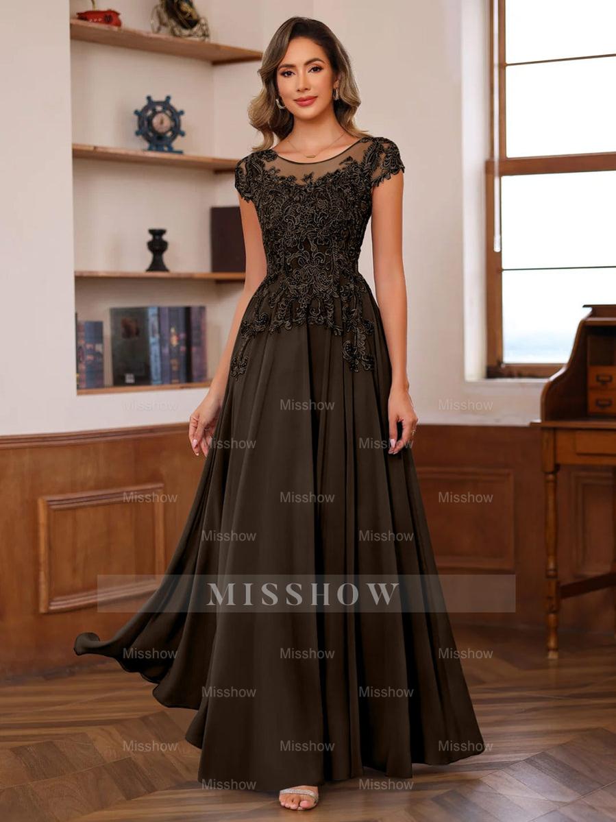 Floor-Length A-Line Mother of the Bride Dress with Scoop Neck and Short Sleeves Featuring Appliques