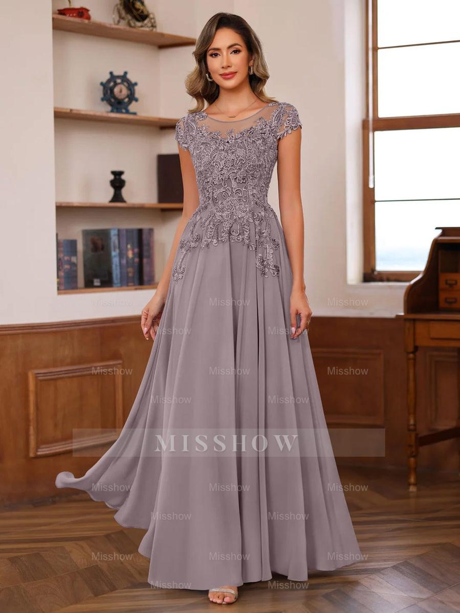 Floor-Length A-Line Mother of the Bride Dress with Scoop Neck and Short Sleeves Featuring Appliques