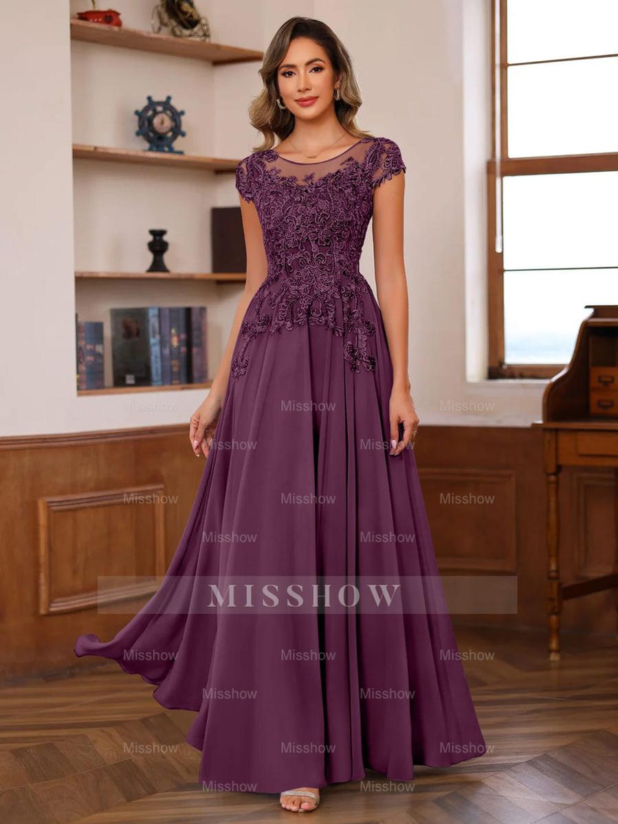 Floor-Length A-Line Mother of the Bride Dress with Scoop Neck and Short Sleeves Featuring Appliques