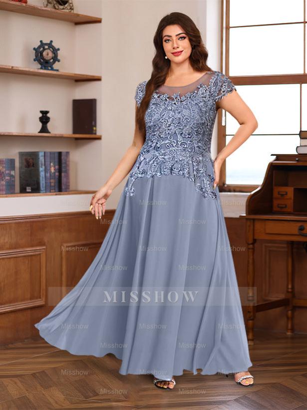 Floor-Length A-Line Mother of the Bride Dress with Scoop Neck and Short Sleeves Featuring Appliques