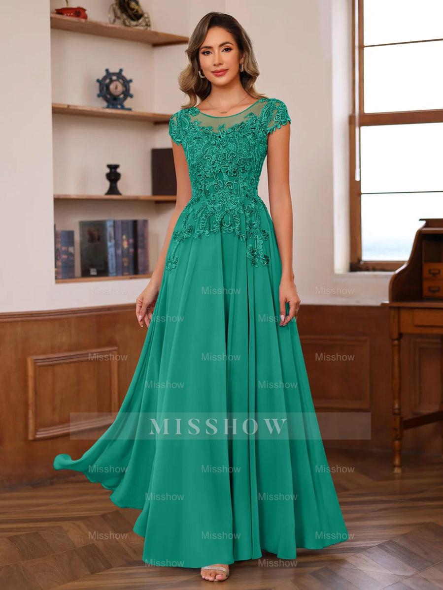 Floor-Length A-Line Mother of the Bride Dress with Scoop Neck and Short Sleeves Featuring Appliques