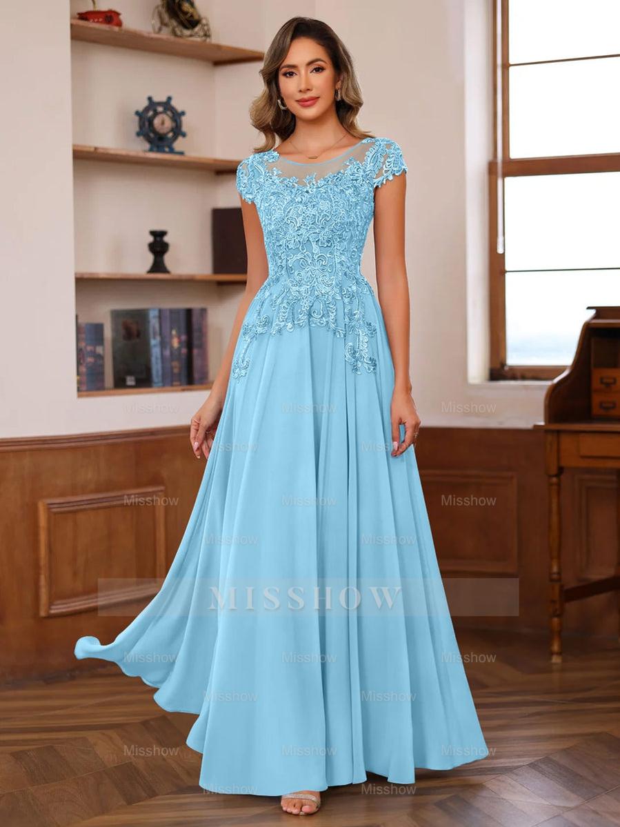 Floor-Length A-Line Mother of the Bride Dress with Scoop Neck and Short Sleeves Featuring Appliques
