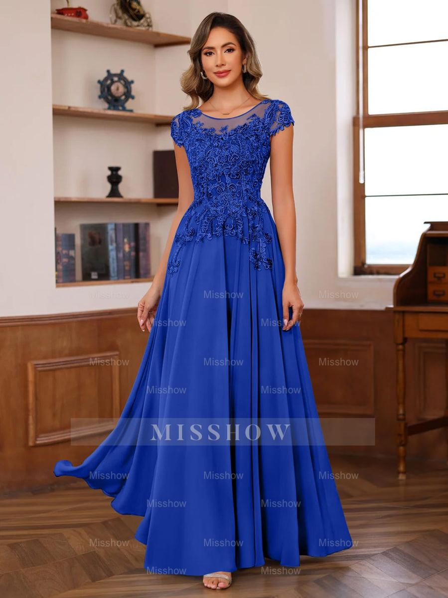 Floor-Length A-Line Mother of the Bride Dress with Scoop Neck and Short Sleeves Featuring Appliques