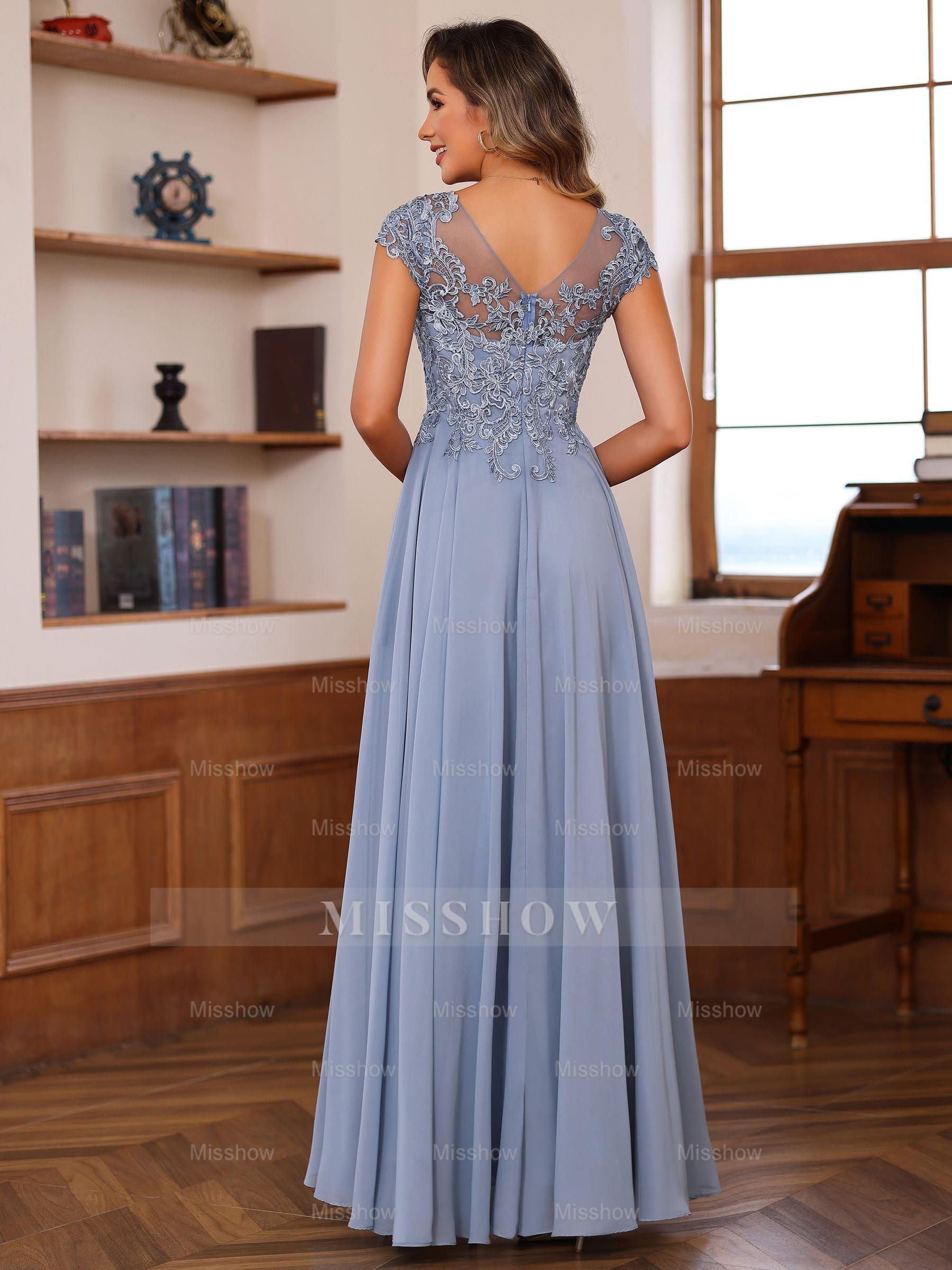 Floor-Length A-Line Mother of the Bride Dress with Scoop Neck and Short Sleeves Featuring Appliques