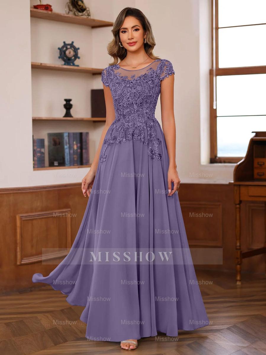 Floor-Length A-Line Mother of the Bride Dress with Scoop Neck and Short Sleeves Featuring Appliques
