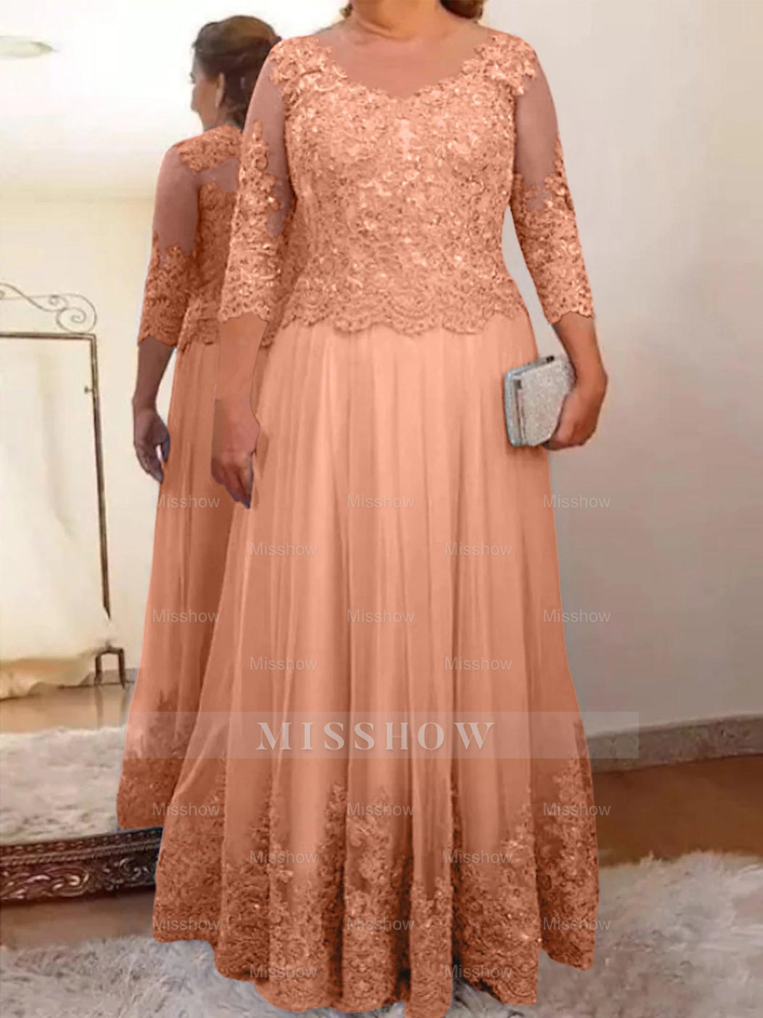 Floor-Length A-Line Mother of the Bride Dress with Sheer Neck and 3/4 Sleeves Featuring Applique