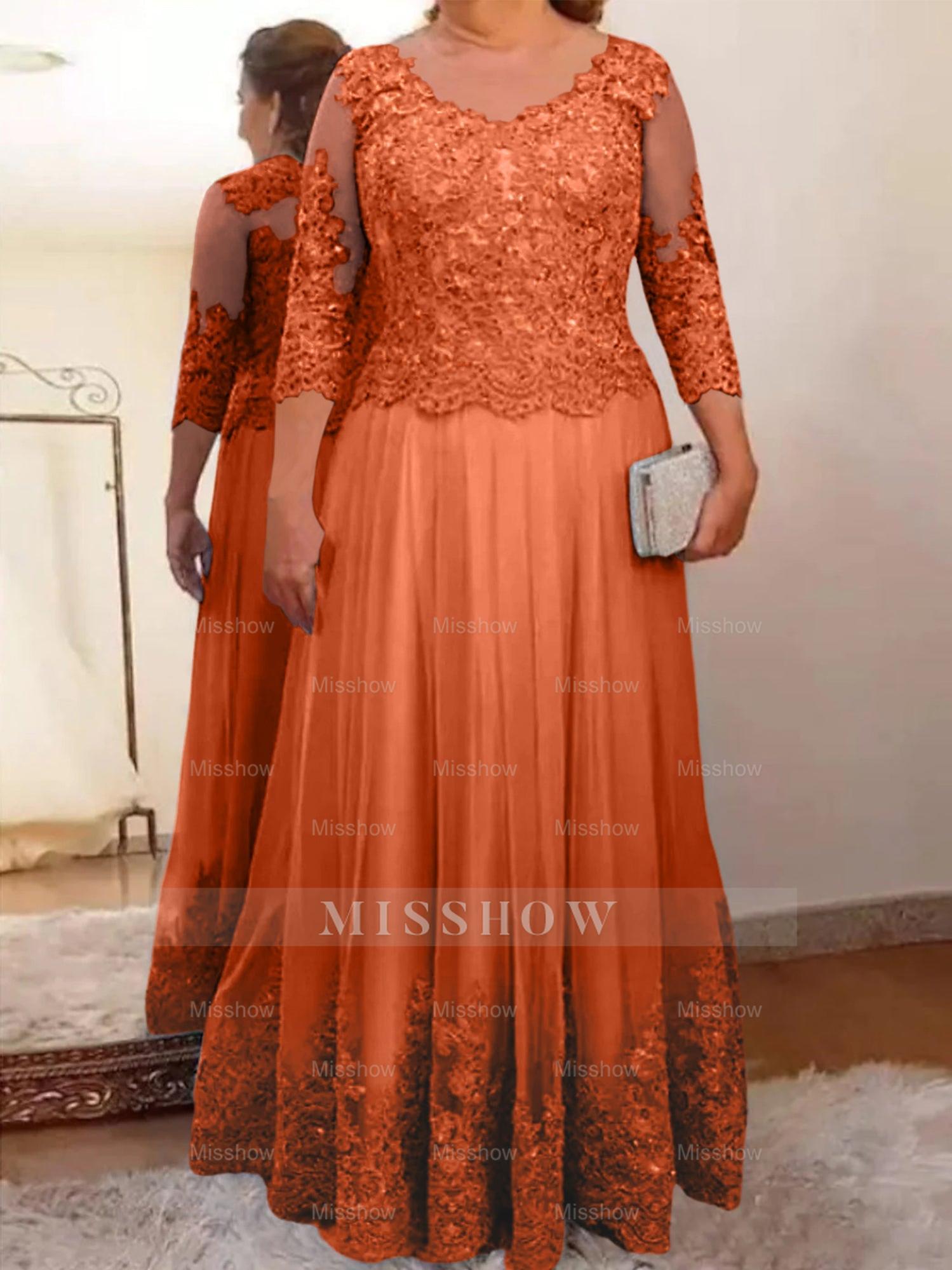Floor-Length A-Line Mother of the Bride Dress with Sheer Neck and 3/4 Sleeves Featuring Applique