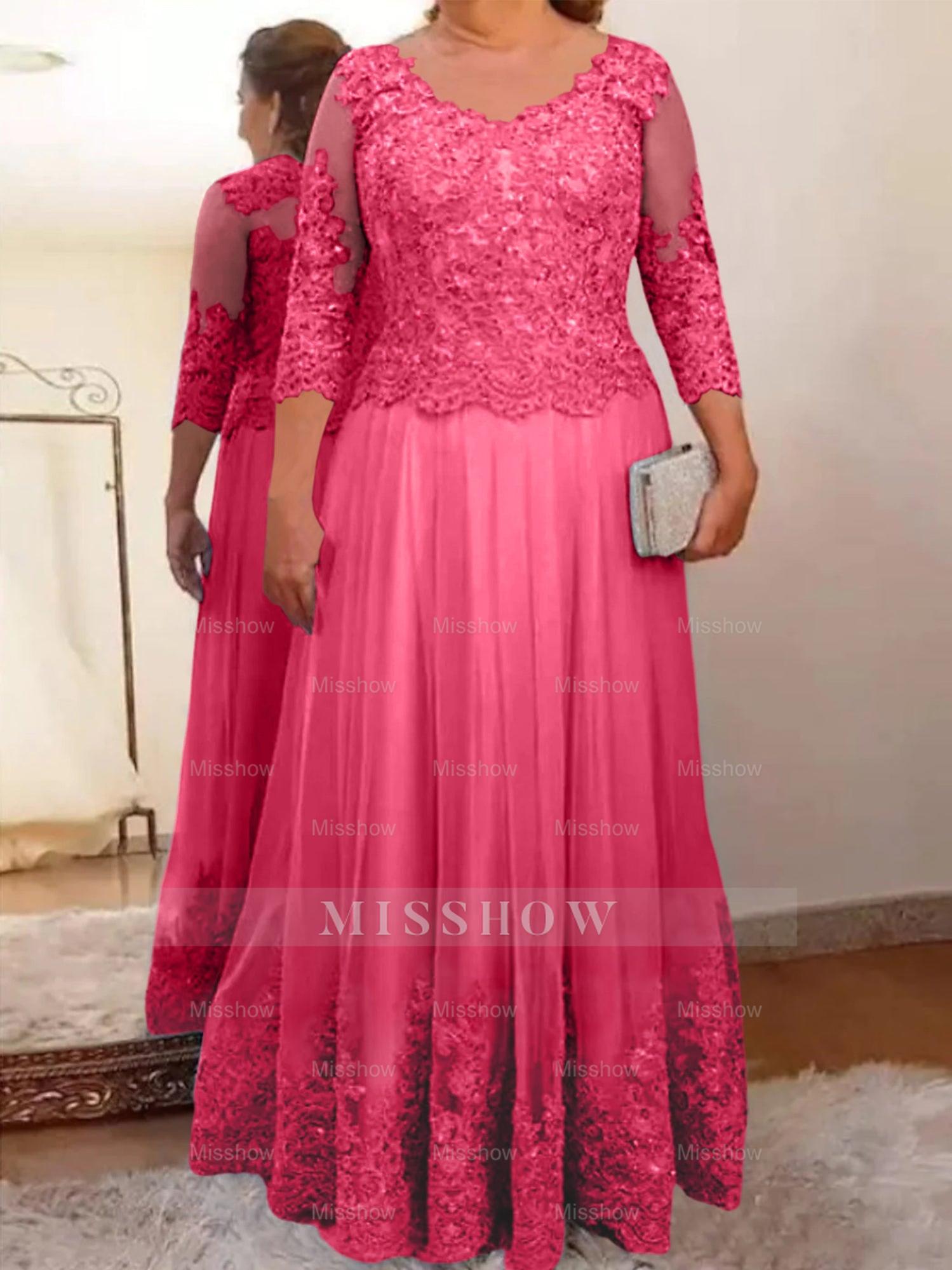 Floor-Length A-Line Mother of the Bride Dress with Sheer Neck and 3/4 Sleeves Featuring Applique