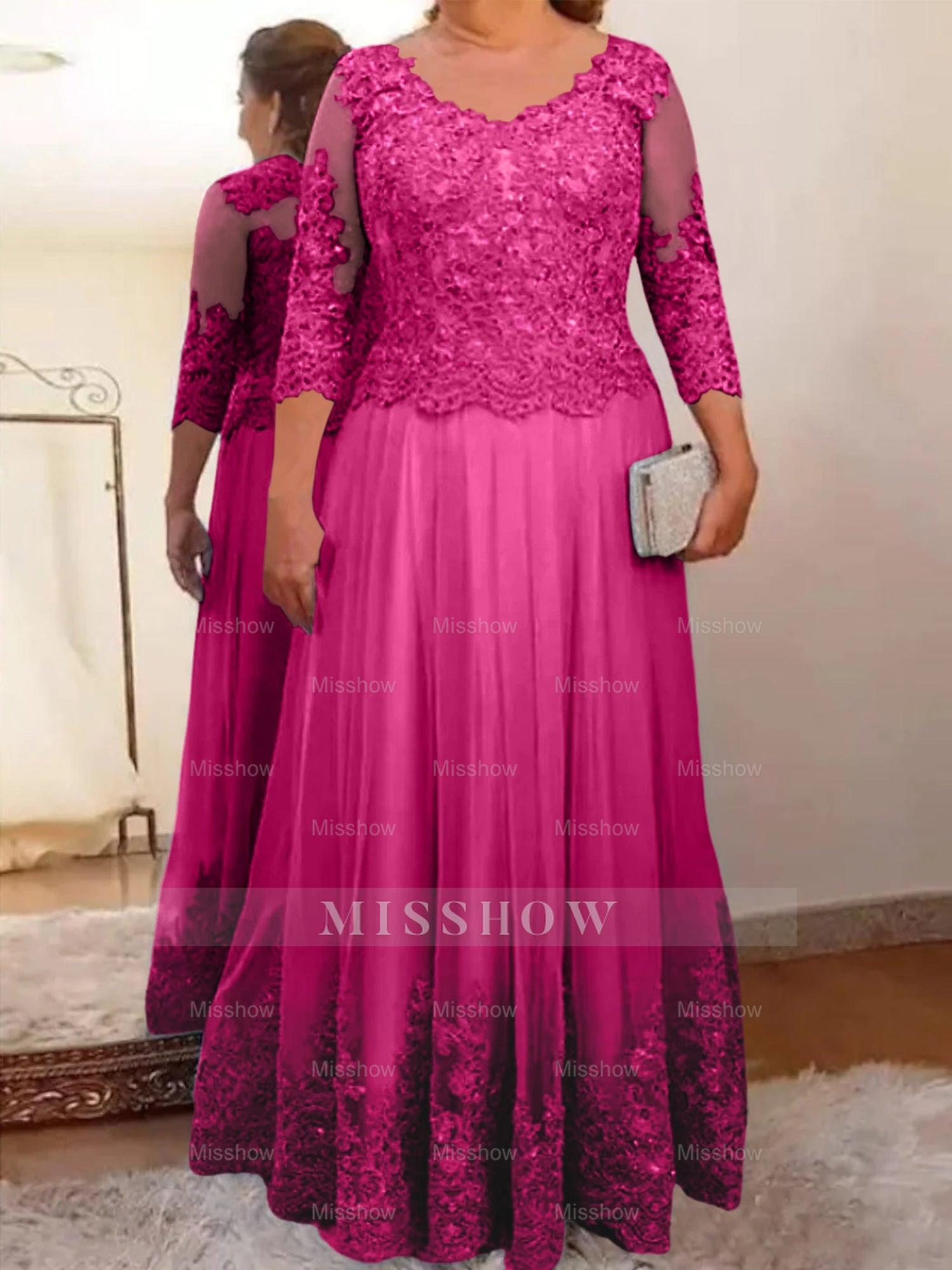 Floor-Length A-Line Mother of the Bride Dress with Sheer Neck and 3/4 Sleeves Featuring Applique