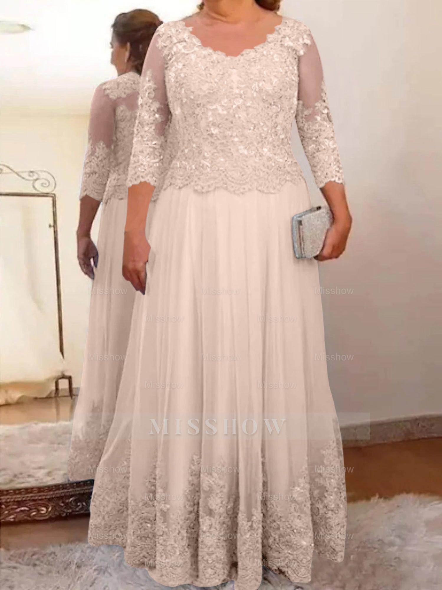 Floor-Length A-Line Mother of the Bride Dress with Sheer Neck and 3/4 Sleeves Featuring Applique