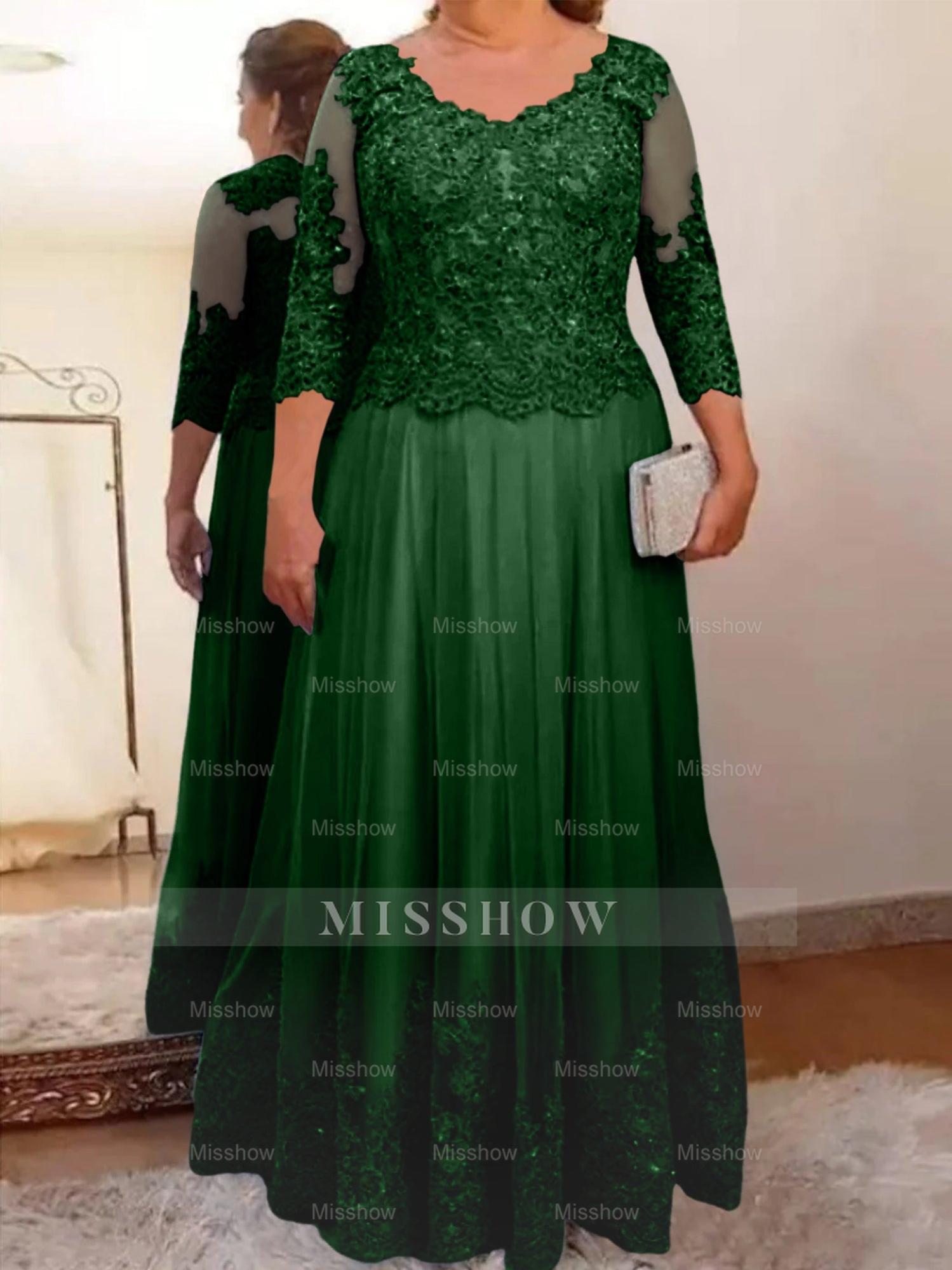 Floor-Length A-Line Mother of the Bride Dress with Sheer Neck and 3/4 Sleeves Featuring Applique