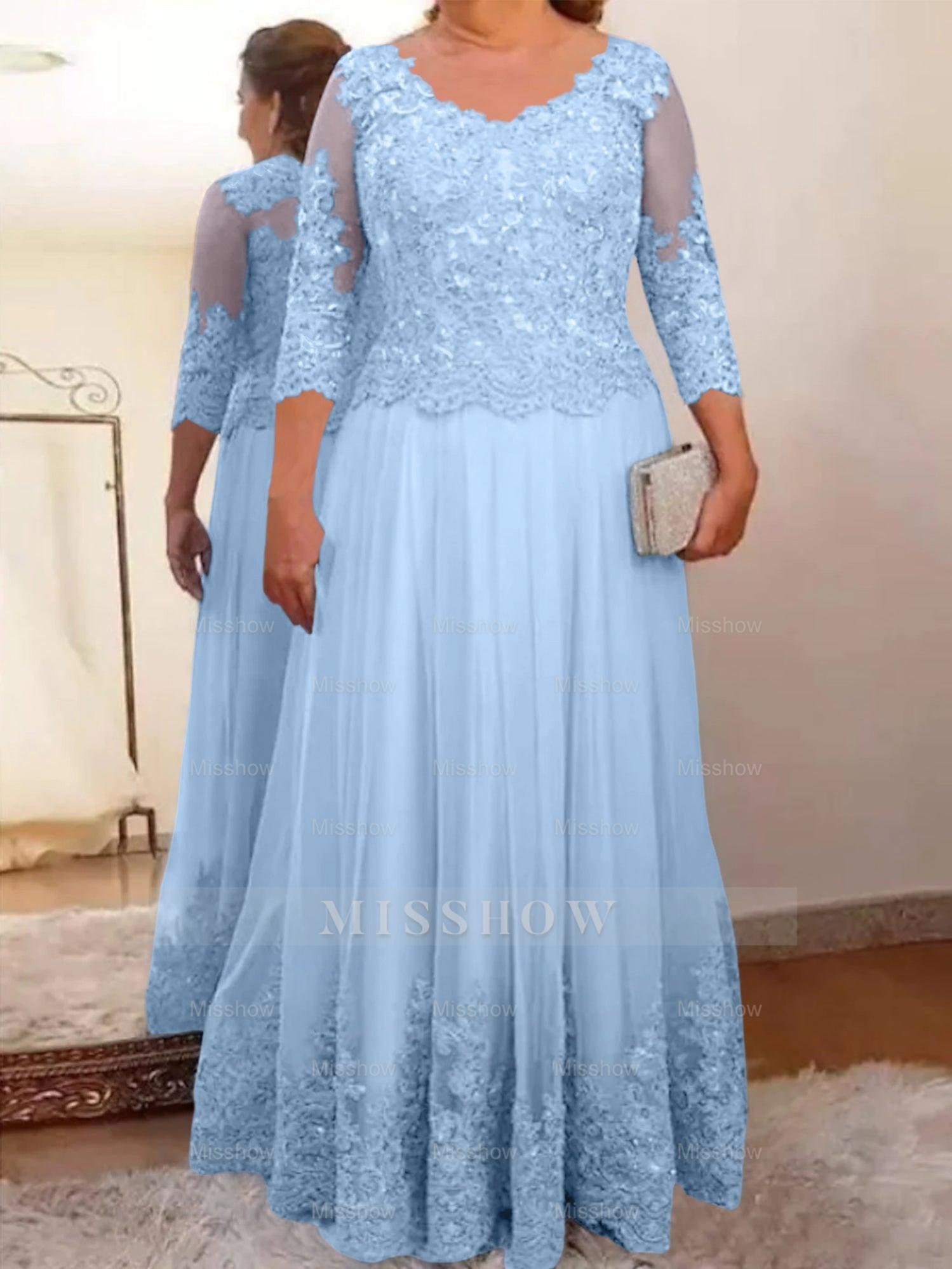 Floor-Length A-Line Mother of the Bride Dress with Sheer Neck and 3/4 Sleeves Featuring Applique
