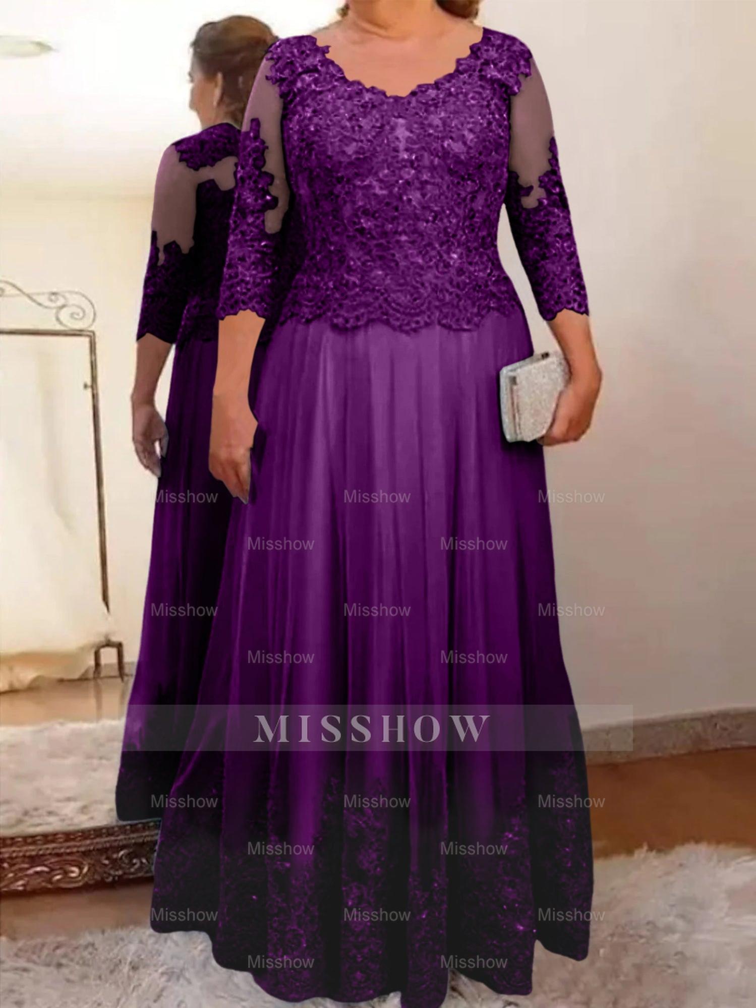Floor-Length A-Line Mother of the Bride Dress with Sheer Neck and 3/4 Sleeves Featuring Applique