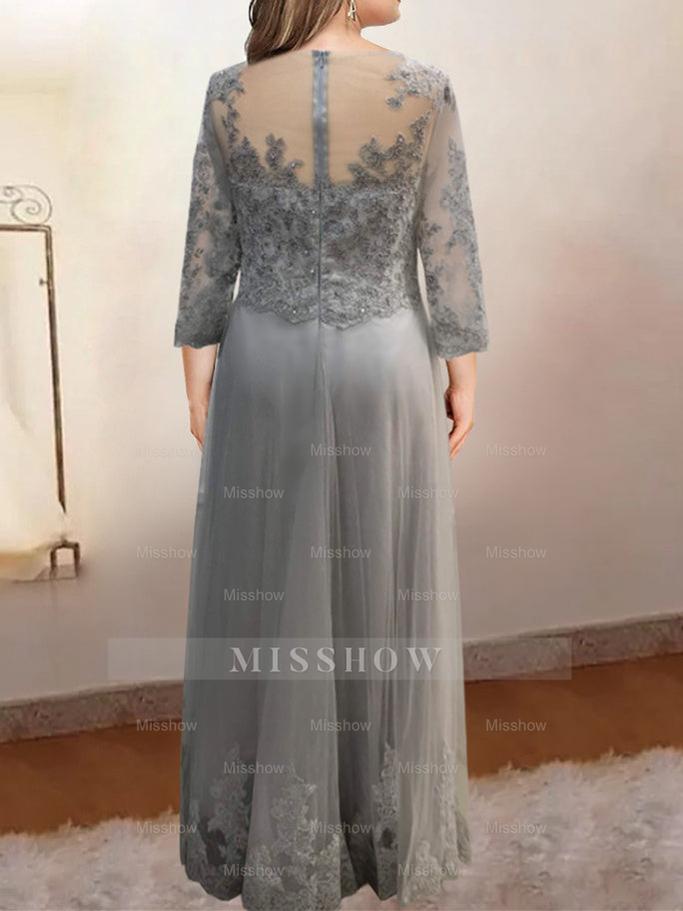 Floor-Length A-Line Mother of the Bride Dress with Sheer Neck and 3/4 Sleeves Featuring Applique